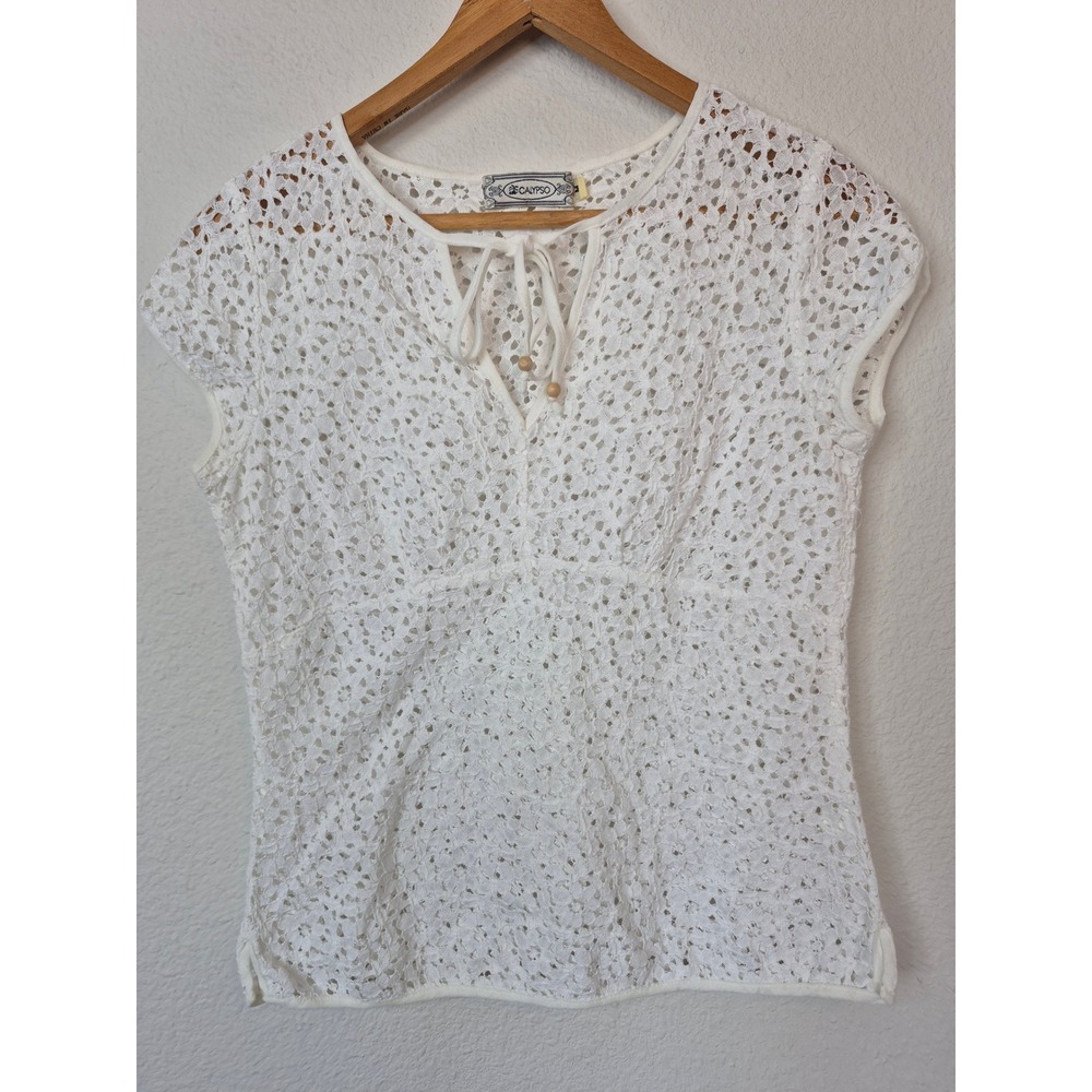 Calypso Baby Doll White Floral Lace Cotton Tie Neck Empire Waist Boho Top Size M